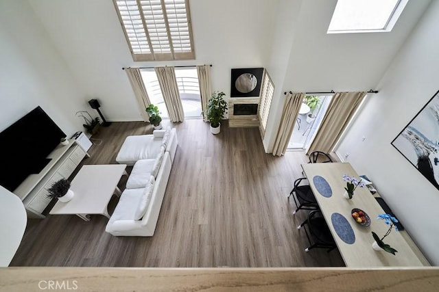 1617 S Beverly Glen Blvd Unit 303, Los Angeles, CA 90024 - living room featuring a high ceiling, wood finished floors, a skylight, and baseboards