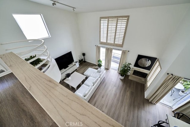1617 S Beverly Glen Blvd Unit 303, Los Angeles, CA 90024 - living room featuring healthy amount of natural light, wood finished floors, track lighting, and a high ceiling
