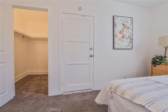 bedroom featuring a walk in closet, baseboards, dark colored carpet, and a closet