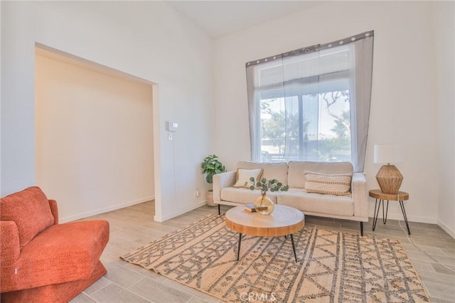 living area featuring baseboards and wood finished floors