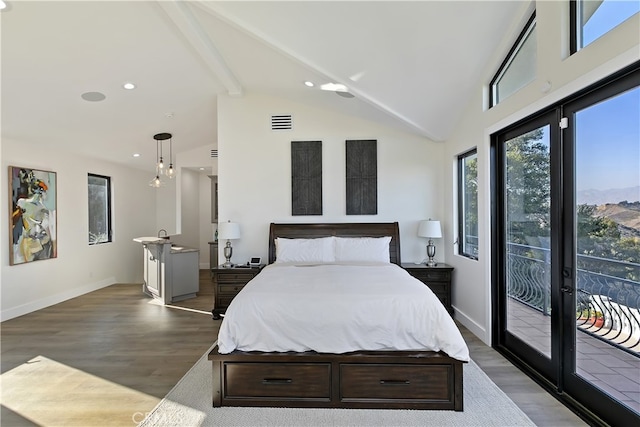 bedroom with baseboards, dark wood finished floors, visible vents, and access to exterior