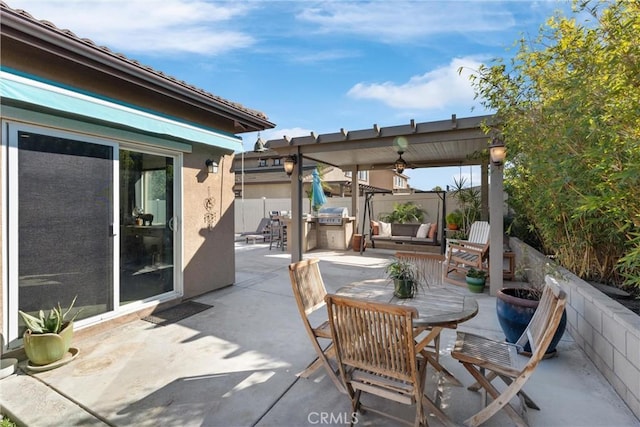 view of patio / terrace with outdoor dining space, fence, and ceiling fan