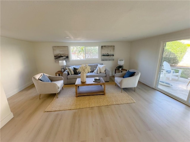 living area with light wood finished floors, a wealth of natural light, and baseboards