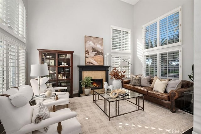 interior space featuring a warm lit fireplace, a high ceiling, and a healthy amount of sunlight