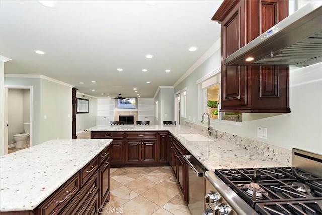 5605 Via, San Jacinto, Riverside, CA 92506 - kitchen featuring a fireplace, ornamental molding, appliances with stainless steel finishes, a sink, and extractor fan