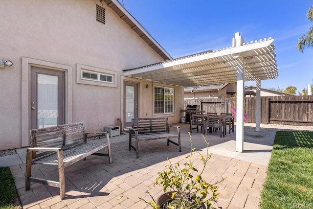 view of patio featuring an outdoor hangout area, fence, and a pergola