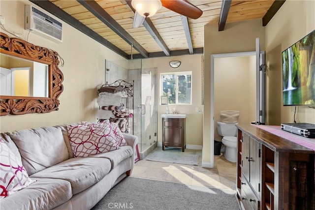 living room with lofted ceiling with beams, light colored carpet, wood ceiling, baseboards, and a wall mounted air conditioner