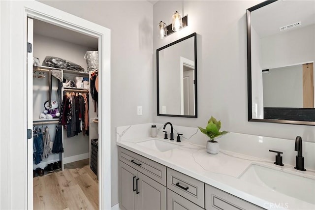 bathroom with double vanity, a spacious closet, a sink, and wood finished floors