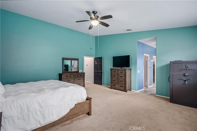 40467 Tiger Way, Palmdale, CA 93551 - bedroom with visible vents, a towering ceiling, baseboards, a ceiling fan, and carpet