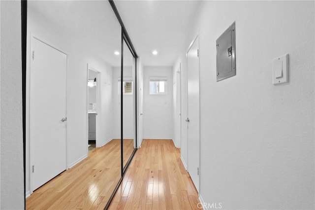 hallway featuring electric panel and light wood-type flooring