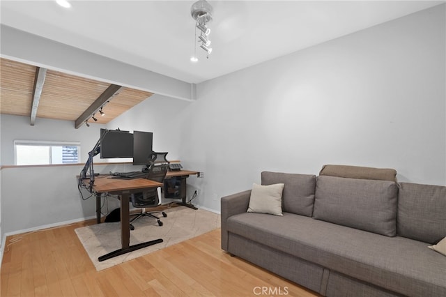 11954 Goshen Ave Unit 205, Los Angeles, CA 90049 - office space featuring beamed ceiling, wood finished floors, baseboards, rail lighting, and recessed lighting