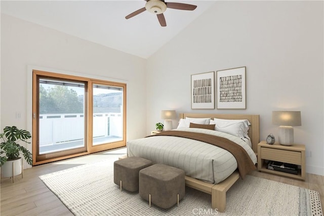 bedroom with light wood-type flooring, access to outside, high vaulted ceiling, and ceiling fan