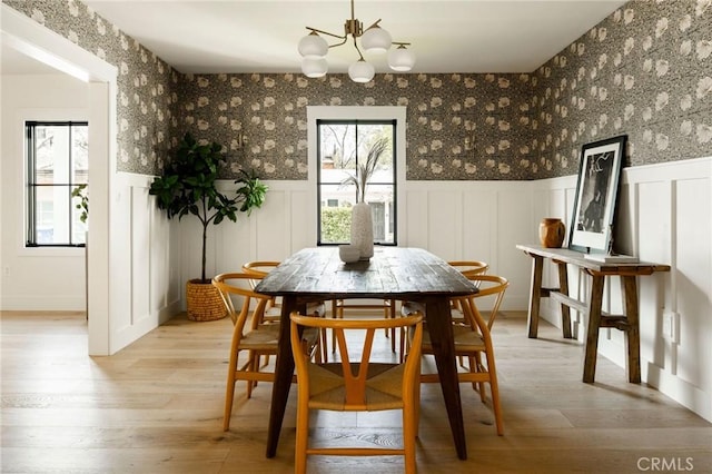 dining room featuring wainscoting and wallpapered walls