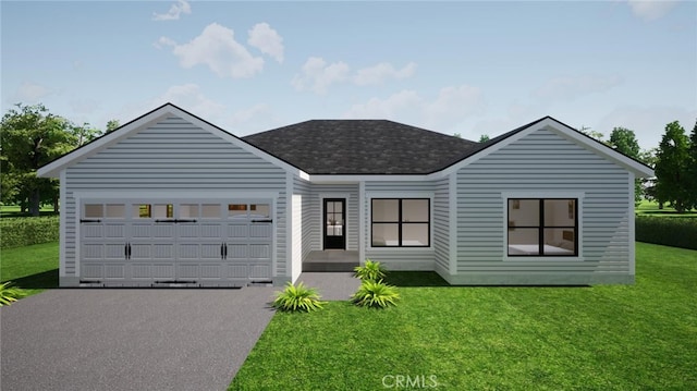 ranch-style house featuring a garage, aphalt driveway, and a front yard