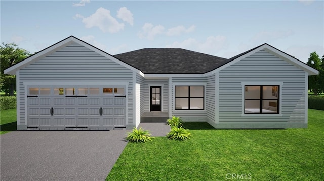 view of front of home with a garage, aphalt driveway, and a front yard