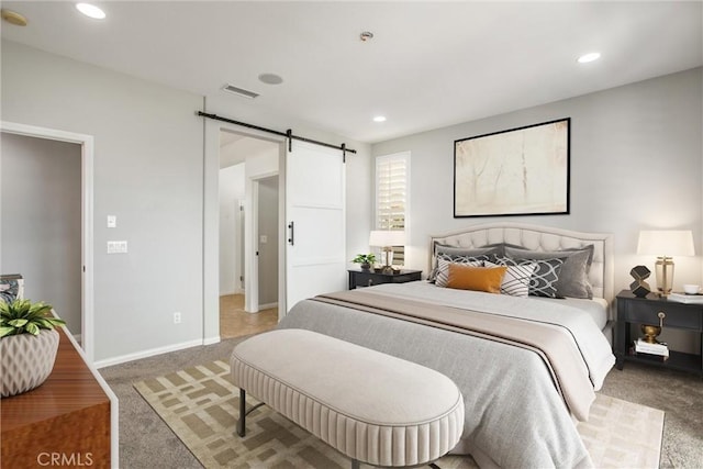 60310 Desert Rose Dr, La Quinta, CA 92253 - bedroom featuring carpet, a barn door, recessed lighting, and baseboards