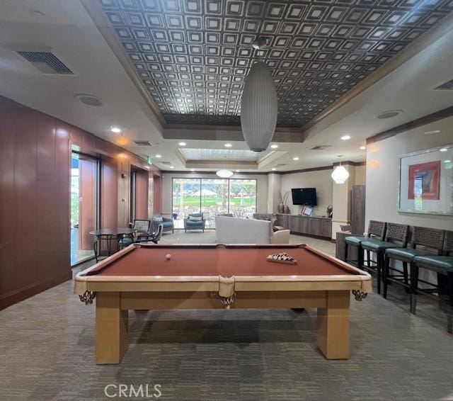 60310 Desert Rose Dr, La Quinta, CA 92253 - playroom featuring a tray ceiling, billiards, crown molding, and carpet floors