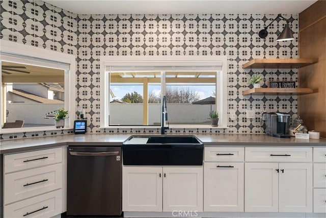 14201 Ross Ct, Rancho Cucamonga, CA 91739 - kitchen featuring dishwashing machine, white cabinets, and open shelves