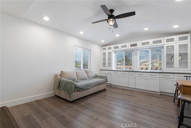 14201 Ross Ct, Rancho Cucamonga, CA 91739 - living area with wood finished floors, a ceiling fan, recessed lighting, and vaulted ceiling