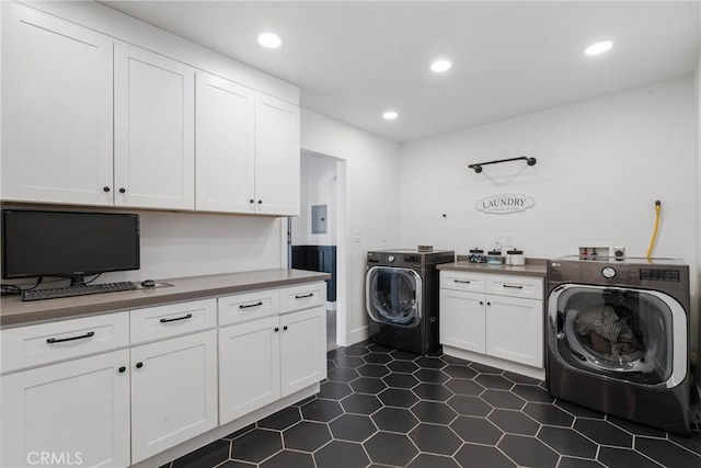 14201 Ross Ct, Rancho Cucamonga, CA 91739 - laundry room featuring cabinet space, hookup for a washing machine, recessed lighting, and dark tile patterned floors