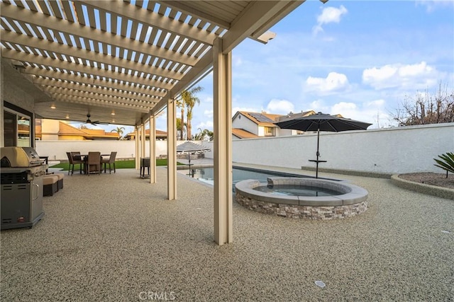 14201 Ross Ct, Rancho Cucamonga, CA 91739 - fenced backyard featuring a pergola, grilling area, a patio area, a pool with connected hot tub, and outdoor dining space
