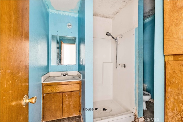 bathroom featuring toilet, a shower stall, and vanity