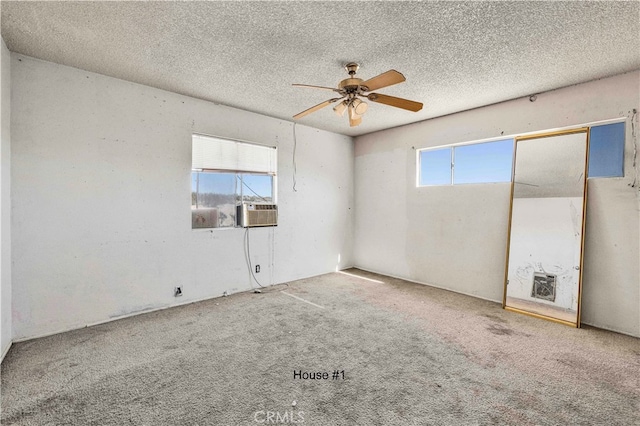 empty room featuring a ceiling fan, carpet flooring, plenty of natural light, and a textured ceiling