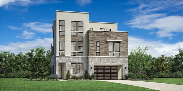 modern home featuring a garage, stone siding, driveway, and a front lawn