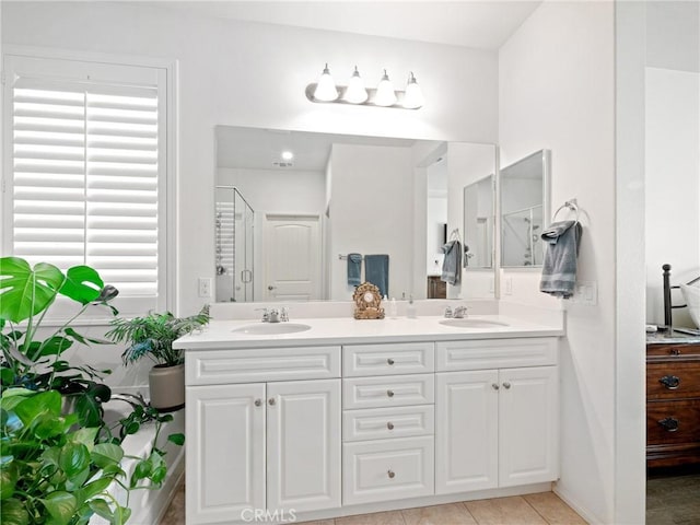 bathroom with plenty of natural light, a sink, and a shower stall