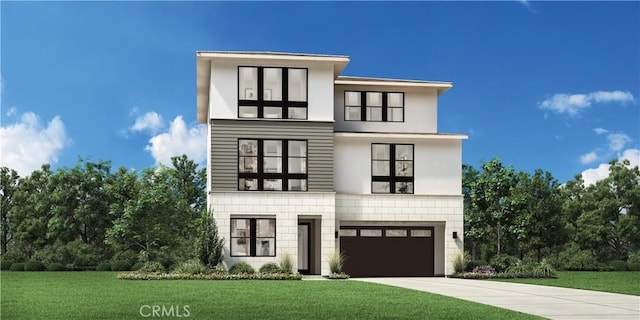modern home with an attached garage, driveway, and a front yard