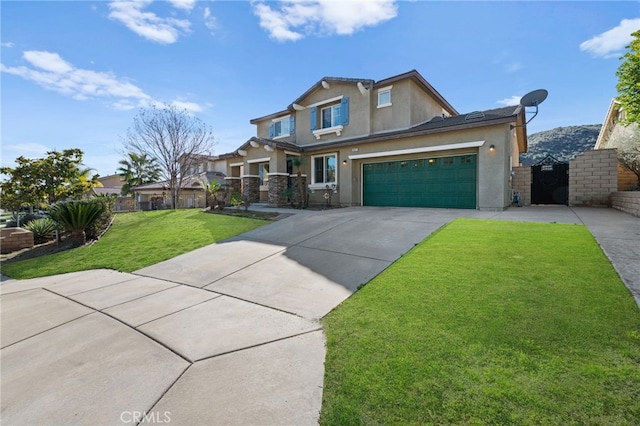 craftsman-style home featuring solar panels, stucco siding, concrete driveway, a garage, and a front lawn