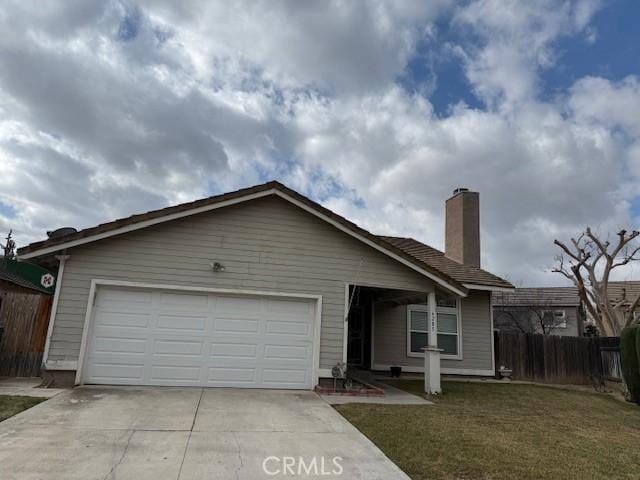 ranch-style home featuring a front lawn, a chimney, an attached garage, and fence