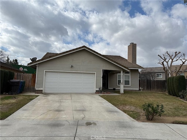 single story home with a garage, a chimney, fence, and a front lawn