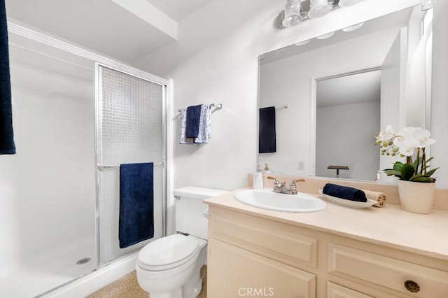 bathroom with toilet, a stall shower, and vanity