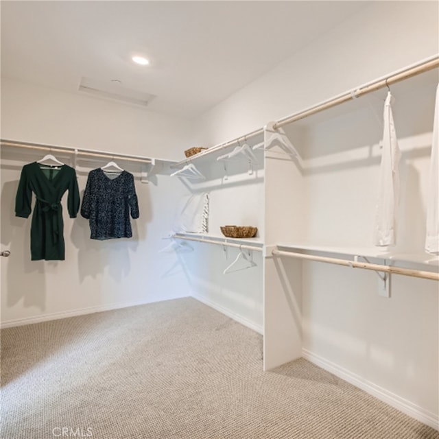 walk in closet with light carpet