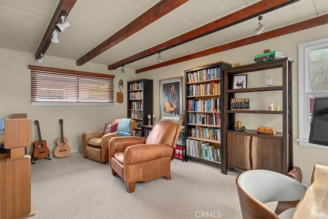 living area with beamed ceiling, carpet flooring, wood ceiling, and track lighting