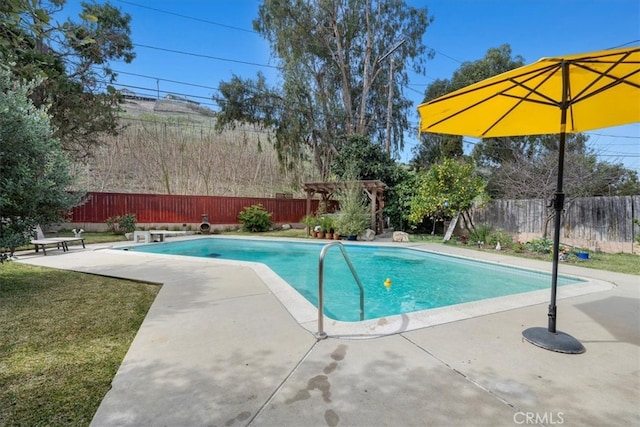 view of pool featuring a fenced in pool, a fenced backyard, a patio, and a lawn