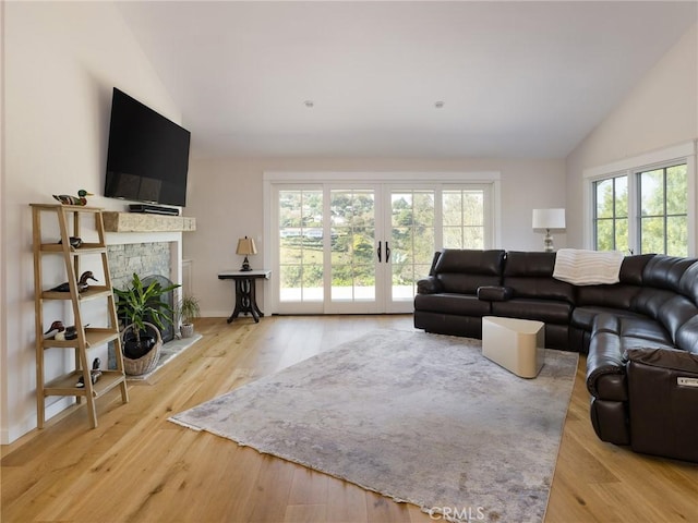 living room featuring vaulted ceiling, a fireplace, and wood finished floors