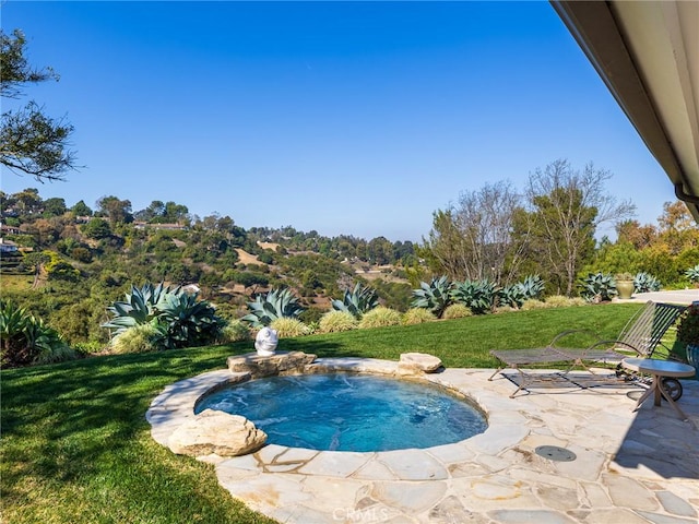 view of swimming pool with an in ground hot tub, a lawn, and a patio area