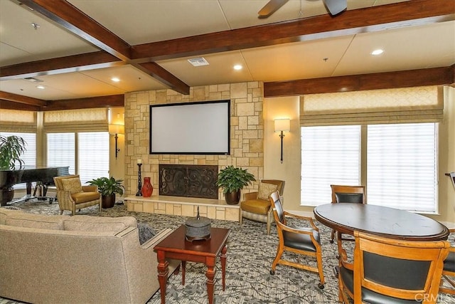 40292 Corte Delfin, Murrieta, CA 92562 - living room with visible vents, beam ceiling, recessed lighting, a fireplace, and ceiling fan