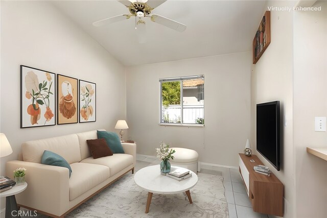 40292 Corte Delfin, Murrieta, CA 92562 - living area with light tile patterned floors, baseboards, ceiling fan, and vaulted ceiling