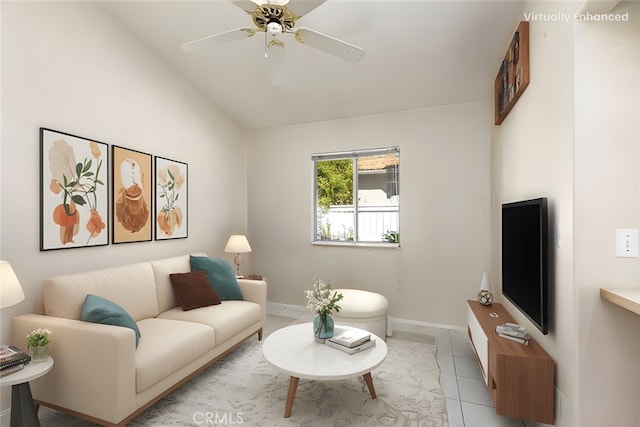 40292 Corte Delfin, Murrieta, CA 92562 - living area featuring vaulted ceiling, a ceiling fan, and light tile patterned flooring