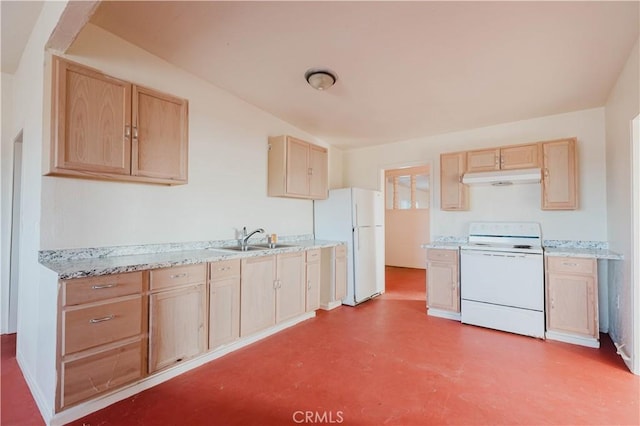 kitchen featuring white appliances, light brown cabinets, under cabinet range hood, concrete floors, and a sink