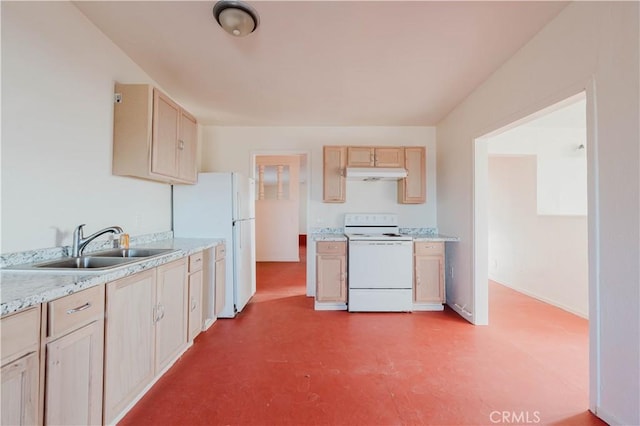 kitchen with white appliances, baseboards, light brown cabinetry, under cabinet range hood, and a sink