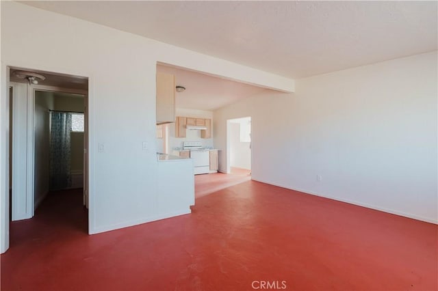 unfurnished living room with concrete floors, baseboards, and beam ceiling