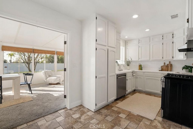 kitchen featuring visible vents, range, dishwasher, white cabinets, and light countertops