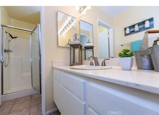 bathroom featuring a stall shower, vanity, and tile patterned floors