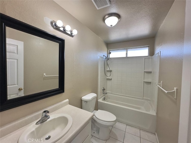 bathroom featuring visible vents, toilet, washtub / shower combination, a textured ceiling, and tile patterned floors