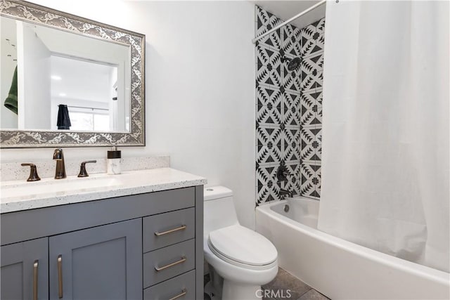 full bathroom featuring toilet, shower / bathtub combination with curtain, and vanity