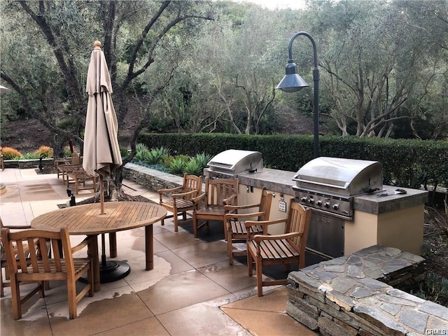 view of patio with outdoor dining area, a grill, and area for grilling